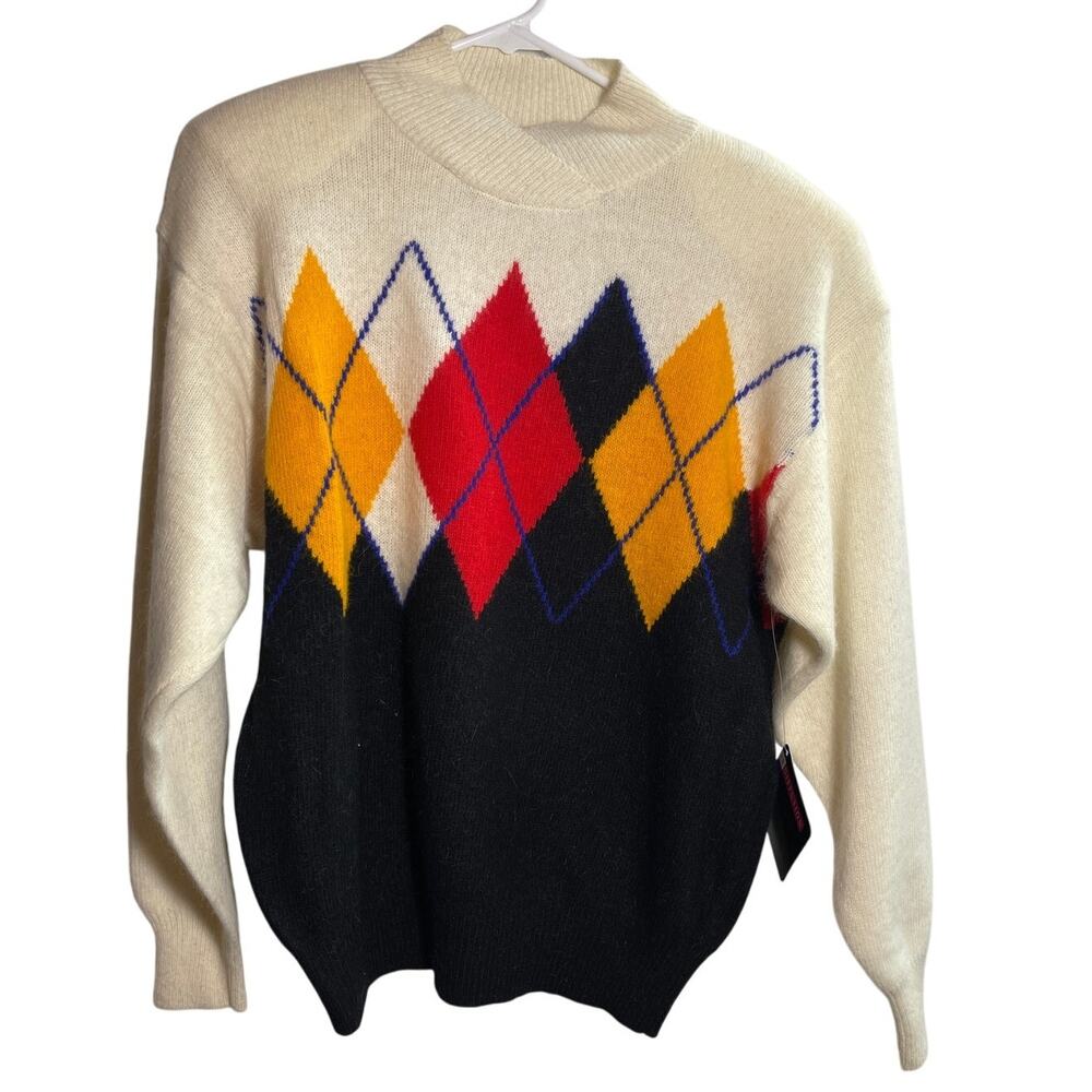 Vintage 70s I.B. Diffusion Argyle Lambswool Angora Sweater M Deadstock NWT